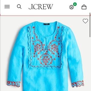 J. Crew aqua linen tunic style relaxed fit boho blouse with red embroide…